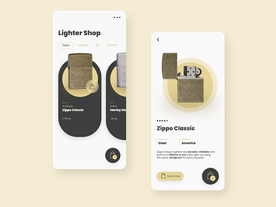 Lighter Shop - Mobile App adobe xd clippers design ecommerce app ecommerce design lighter lighter shop lightershop mobile app mobile ui mobile uiux ui uiux ux ux design zippo