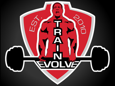 Train. Evolve. crest deadlift fitness gym logo muscle