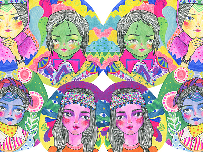 Watercolor Natives colorful drawing fashion floral girls green illustration indians ink mirrored watercolor yellow