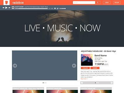 Radiobox Homepage latest bands blue flat design follow homepage illustrator live music orange share simple vectors