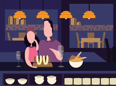 Partner bao candlelight character design colorful cozy date night dinner food fun night hotel illustration lights love partner restaurant romance vector art wine