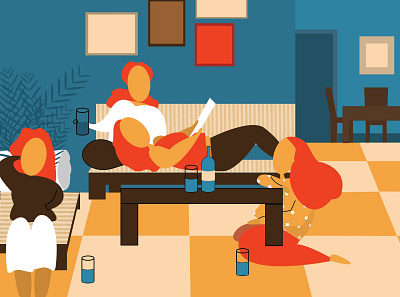Friends catch up character design colorful drinking friends friendship girls night gossip happy home illustration life party relaxing vector art wine