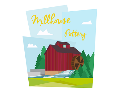 Mill House colourful illustration millhouse pottery red sky stream