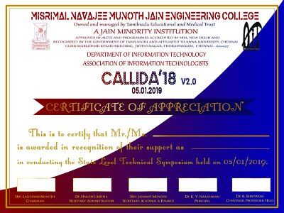 Callida'18 Certificate Appreciation