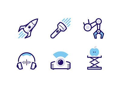 Icons for MEL Kids apple arm flashlight headphones icon kids lift projector robot rocket science vector