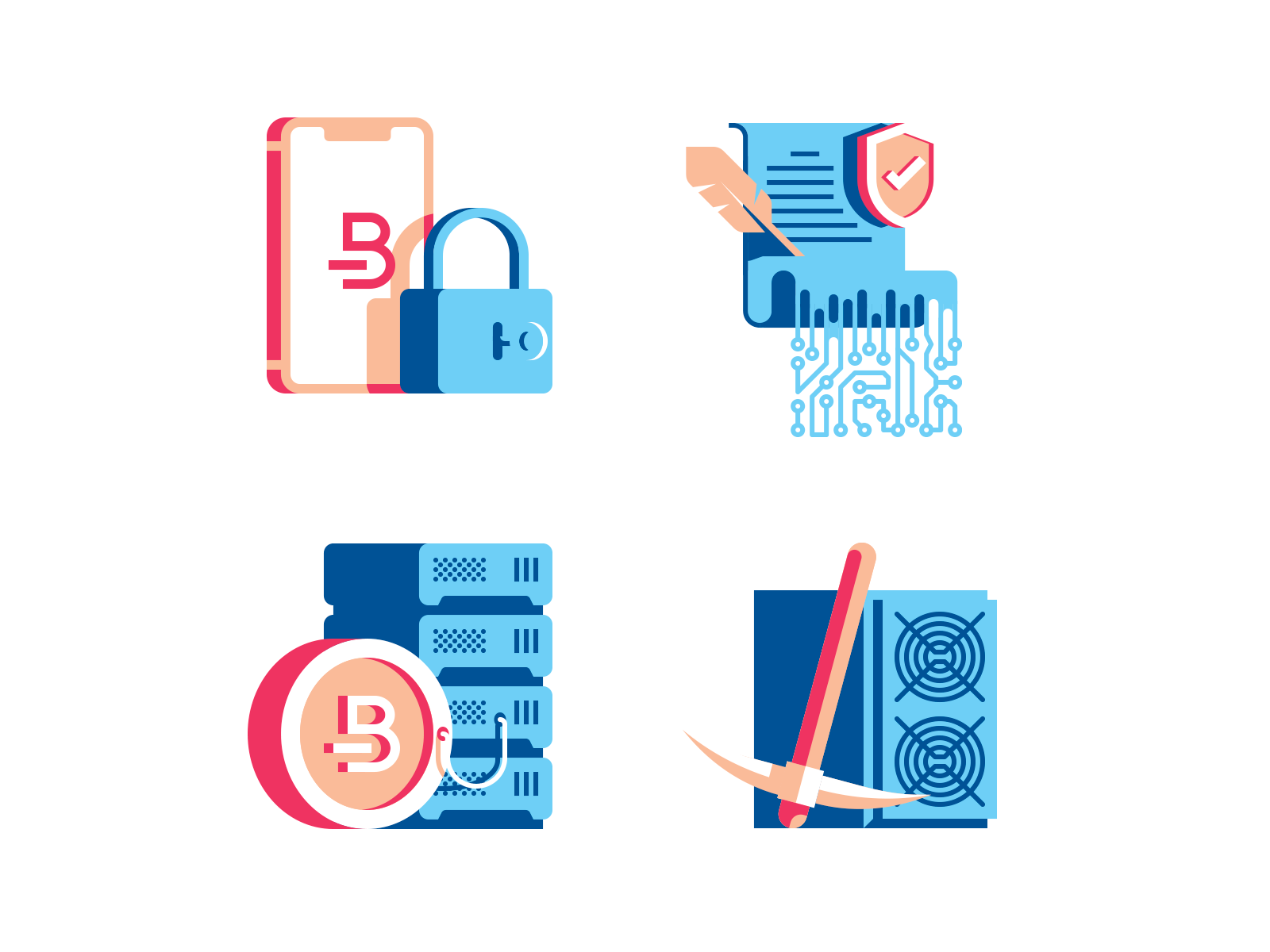 Bitcoin icon set bitcoin blockchain coin contract cryptocurrency flat icon illustration lock mining server vector