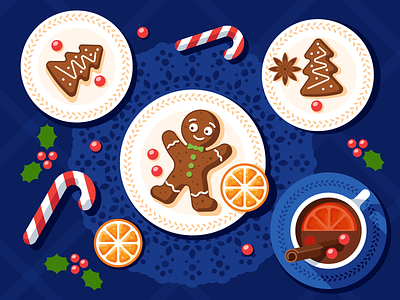 Christmas desserts berry candy chemistry christmas flat gingerbread illustration mood plate table vector xmas