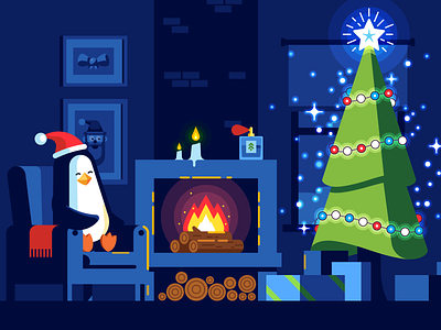 Christmas aromas aroma chemistry christmas decoration fire fireplace flat illustration pinguin simple tree vector xmas