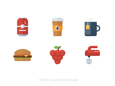 Food and beverage flat icons beverage burger cola drink eat flat food grape icon kitchen set