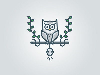 Owl and mouse bird flat food gray hunter illustration leaf line mouse nature owl simple