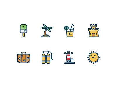 Summertime icons castle ice cream icon lighthouse palm scuba set summer sun travel vector