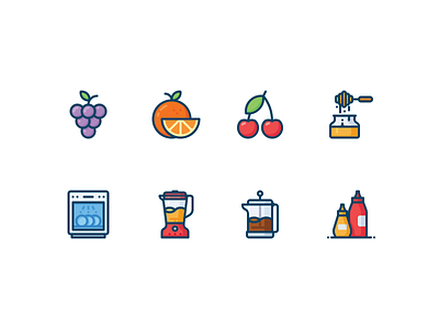 Kitchen and food icons blender cherry color eat food french press grapes honey icon ketchup kitchen orange
