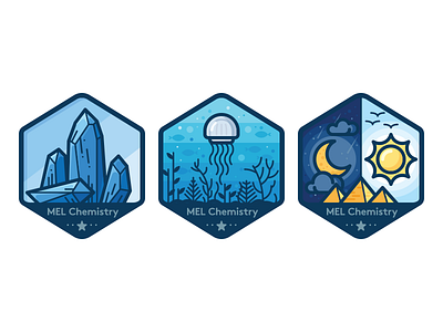 Badges for chemistry experiments badge crystal day icon jellyfish moon night pyramid sea sun vector