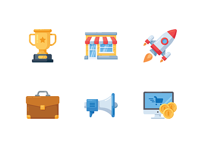 Business icons business case coin commerce computer flat icon megaphone rocket shop startup trophy