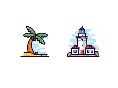 Seaside icons beach building coconut icon lighthouse palm sea seaside stone tree vector