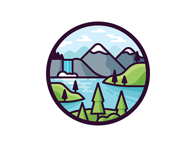 Mountains icon illustration lake landscape mountains nature river tree vector waterfall