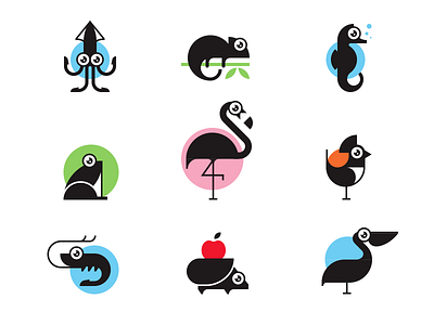 Animal icons animal bird chameleon flat frog hedgehog icon nature seahorse simple squid vector