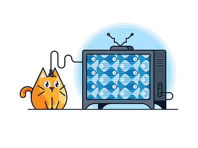 What's on the cats mind? cat cute fantasy fish flat illustration line tv vector watching