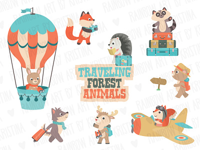 Traveling forest animals illustration set