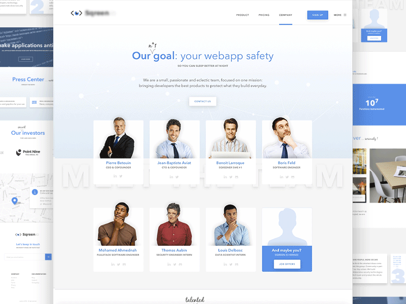 Startup Website - Company page cards company hover landing page people principle startup ux