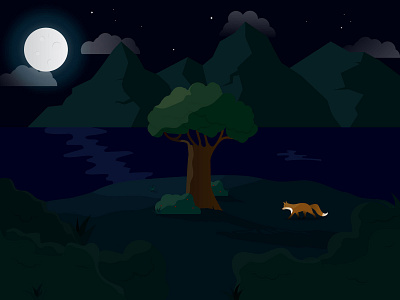 Evening Landscape fox gradient illustraion lake landscape moonlight mountains nature night tree