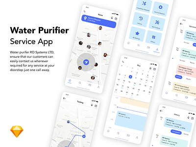 Water Purifier Service App branding calender design flat illustration location logo minimal purifier schedule service app sketch typography ui ux vector water