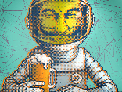 AstroStan and his space brew astronaut beer bright delight drawing drunk enjoyment funny happy hour illustration mustache vector