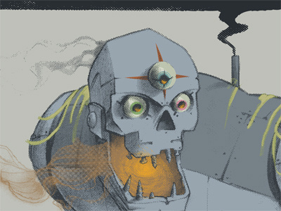Crazed sewage bot *update 3 eyes angry drawing halftone illustration progress robot sludge steam