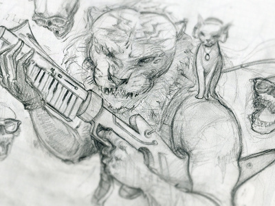 Tiger Machinegun RAWK cat concept graphite keyboard machinegun music rad sketch skulls sunglasses tiger