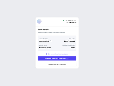 Bank transfer payment method - UI Component(Fintech)