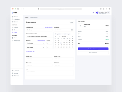 Bani - Create Order dashboard design minimal order ui uidesign uiuxdesign ux ui