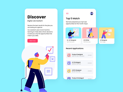 Job Search Mobile App app appdesign cards colors exploration icons illustrations illustrations／ui interface job media jobsearch mobile mobile ui onboarding product productdesign uidesign uxdesign uxdesigner uxui