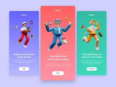 Lstnr Music Streaming App 3d illustration dailyui designer freelance gradient logo logodesign mobile mobile app mobile app design mobile application onboarding ui uidesign uiux user experience user research userinterface uxdesign uxui