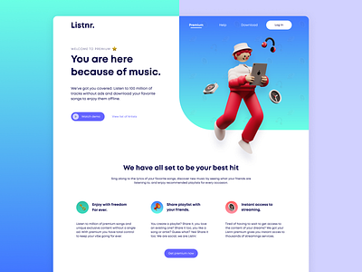 Listnr Landing Page 3dillustration app branding design freelance landing design landing page landingpage music productdesigner streaming app ui uidesign uiuxdesign ux uxdesign uxdesigner uxui webdesign website