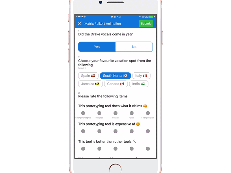 Matrix Likert Phone Interaction & Animation facebook origami iphone likert matrix mjh mobile prototype qts quicktapsurvey