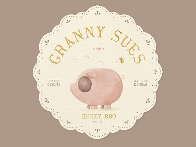 Granny Sue's Honey BBQ Sauce Label bbq bee doily grandma honey label old packaging pig sauce sydney goldstein watercolor