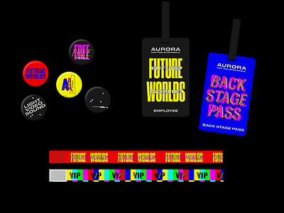 Future Worlds Noise Badges backstage branding button layer logo pass sydney goldstein type typography wristband