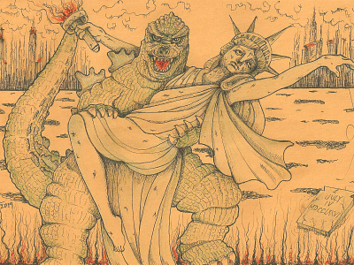 Dancing in Apocalypse apocalypse charachter drawing godzilla hand drawn humorous illustration illustratiom mail art pen and ink statue of liberty