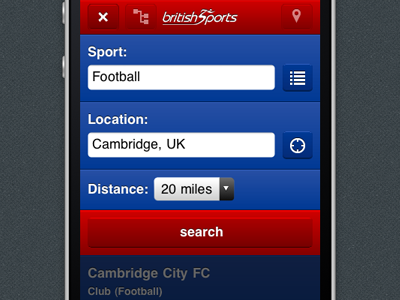 British Sports: Modal Search css html5 iphone littleredletter ui web app