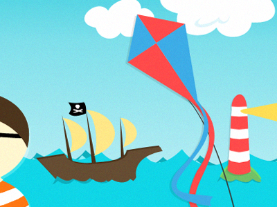 Setting the Beach scene #1 beach illustration kite lighthouse pirate ship scene sea vector