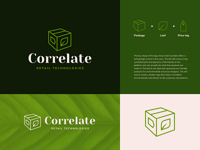 Correlate box branding branding design eco logo ecommerce ecommerce logo green leaf leaves line logo logo moye moyedesign package price tag typography