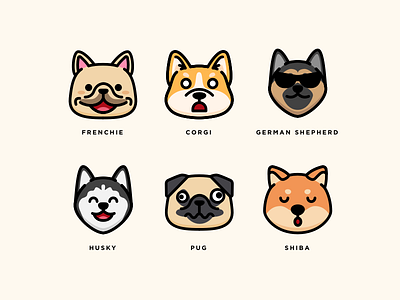 Dogs aomam corgi dog franchise german shepherd husky icons illustration pug shiba inu vector