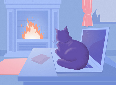 Cat Code cat cosy drawing fireplace greetings card illustration laptop pussy pussycat warm