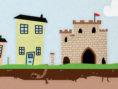 Houses castle clouds grass homes illustration mud sky