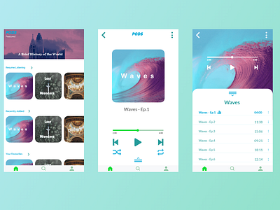 Pods - Podcast Player App adobe xd app blue design flat green minimalist player podcast podcasts prototype ui xd