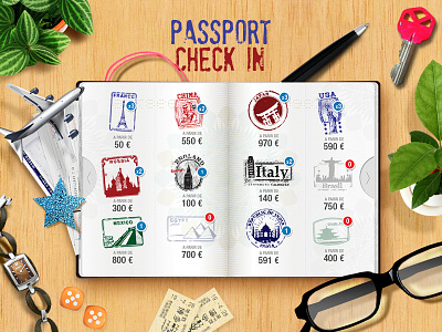 Passport airport ariel view arrival check in departure flower pot key passport plane stamp
