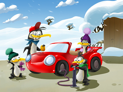 Let the trip begin car cartoon illustration kids penguin preparation sky snow winter