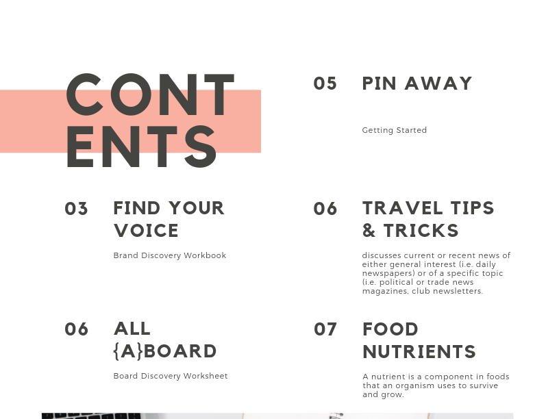 Pinterest Action Plan Table Of Contents by Jamie McNulty on Dribbble