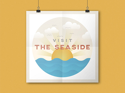 Visit the Seaside beach circle clouds flat gradient home poster rays sea sun waves