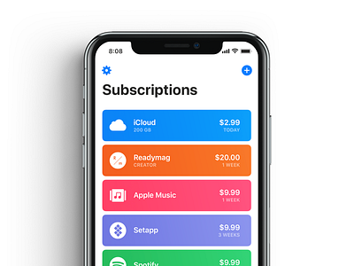Bobby Subscription Tracker apple cards gradient ios ios 11 iphone list native style subscription tracker ui